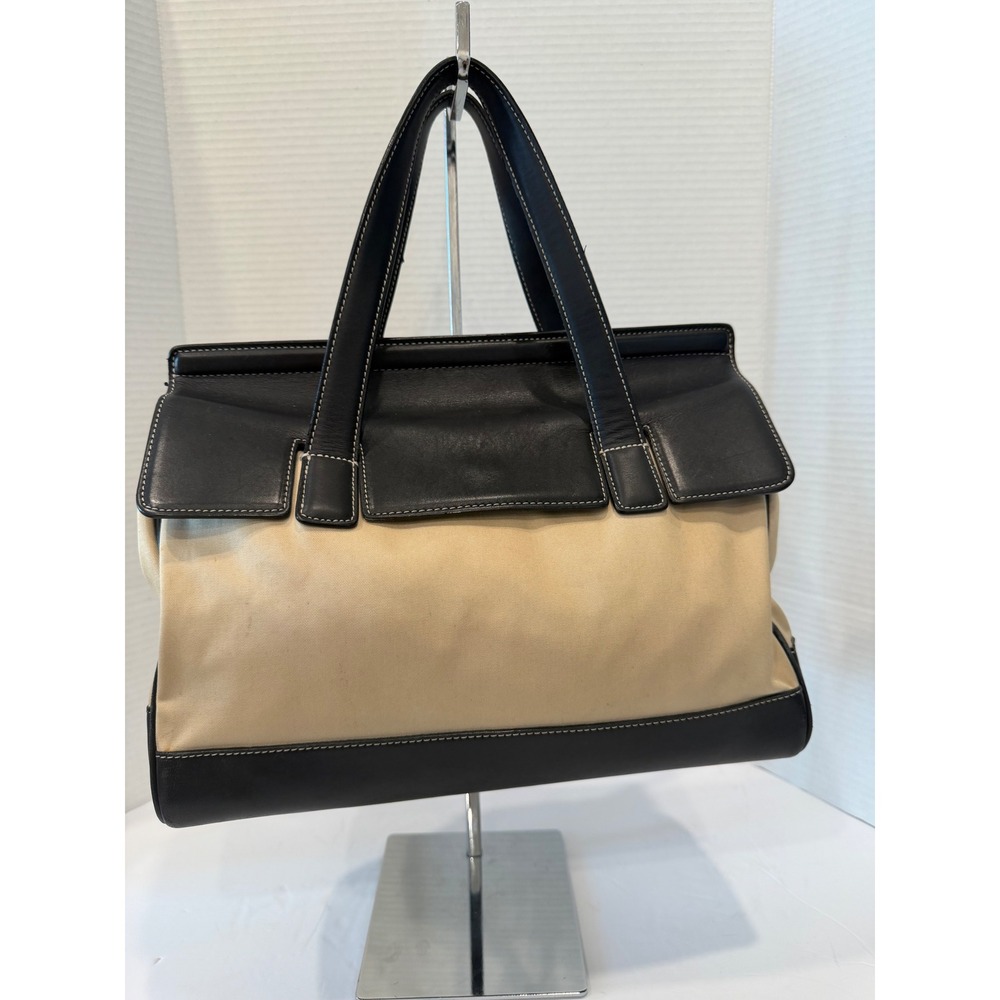 Vintage Coach Hampton Beige Fabric/Black Leather Trim‎ Tote Bag Purse 7705